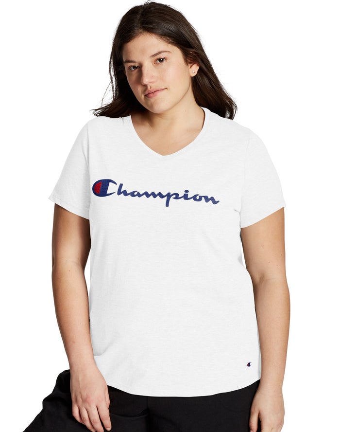 Champion Dame T-Shirts Hvide - Plus Jersey V-Neck Script Logo - Danmark DFR-025148